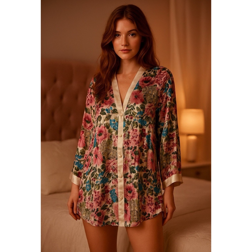 VTG Victoria's Secret Gold Label Button Down Floral PJ Shirt‎ Dress Large Sexy